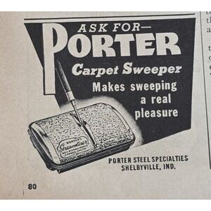 Vintage 1946 Porter Streamliner Carpet Sweeper Print Ad Shelbyville Indiana MCM